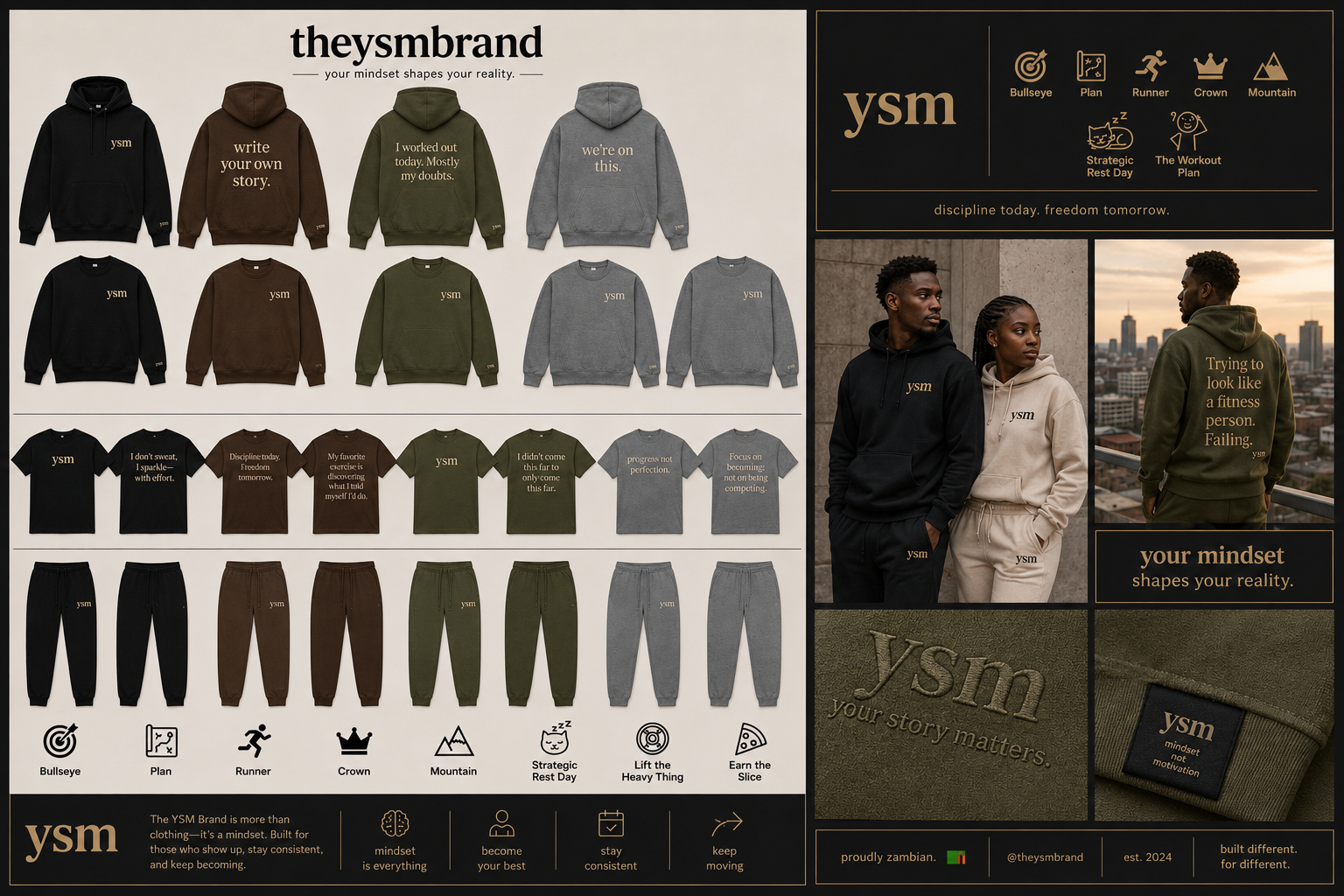 YSM apparel catalog with hoodies, crewnecks, tees, and joggers